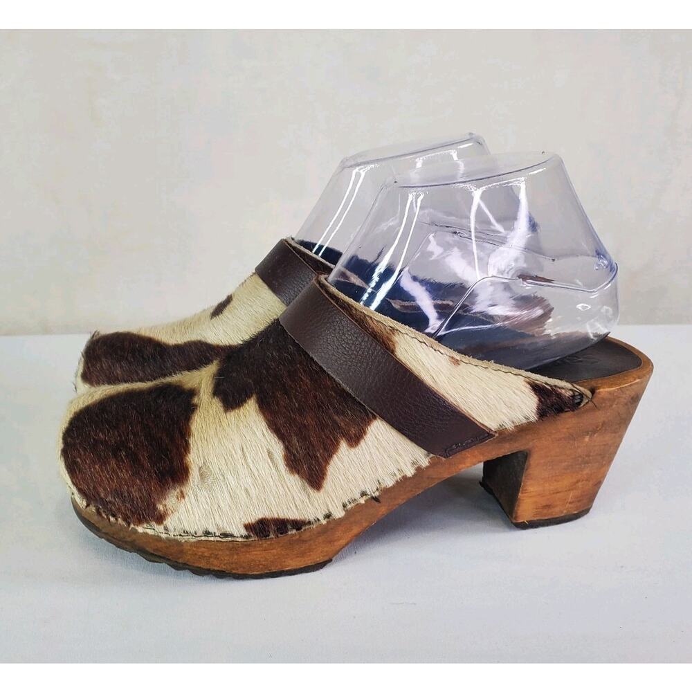 Sanita Caroline Cow Hair Slip On Wood Clogs Brown Animal Print Sz 37- US 6.5/7